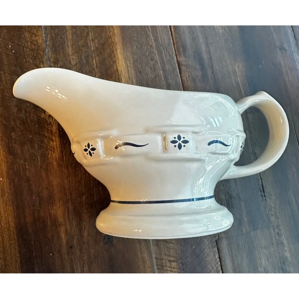 Longaberger Pottery Woven Traditions Ivory Gravy Boat Navy Blue Blue Accents USA